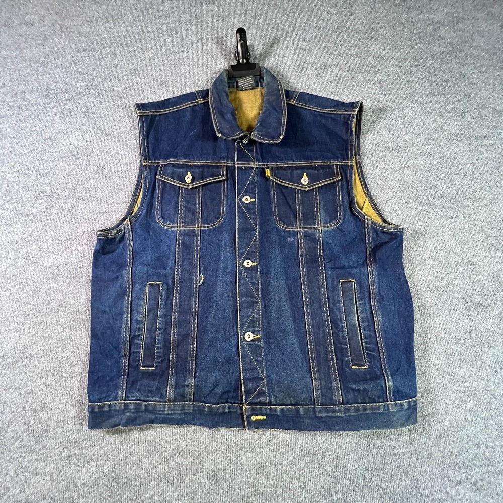 Vintage Delf Trucker Vest Mens 2XL Blue Denim Button Front Sleeveless Moto Biker